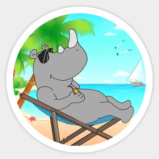 Rhino Chilling At Beach With Sunset Comic Style Sticker